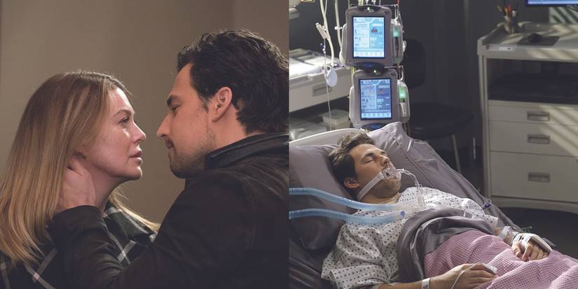 A split image of DeLuca kissing Meredith and him on his death bed in Grey's Anatomy