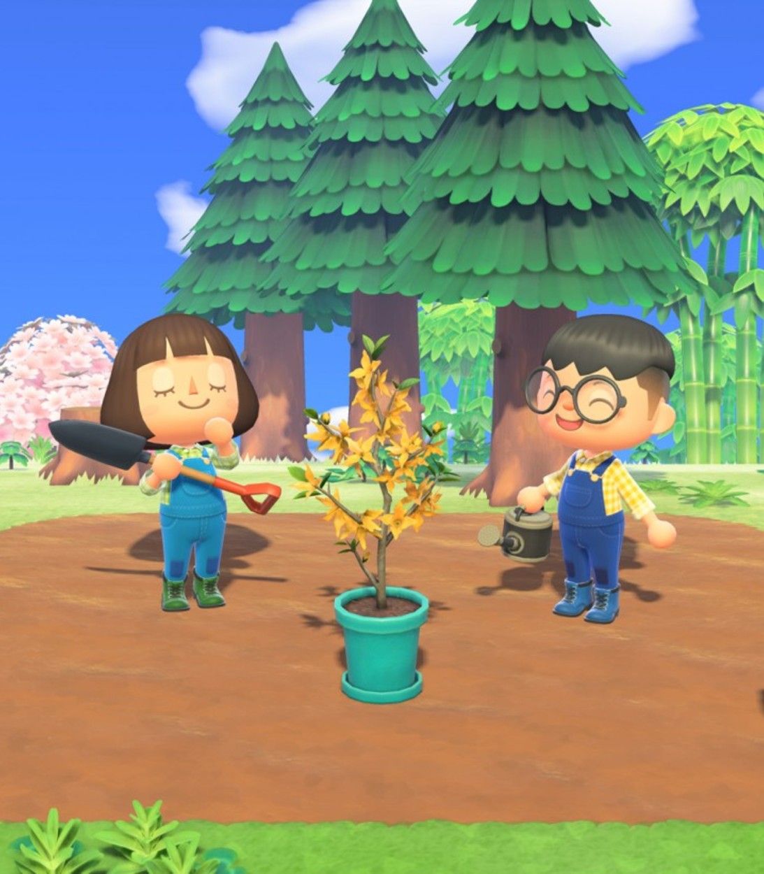 Two players plant a tree for Nature Day in Animal Crossing: New Horizons