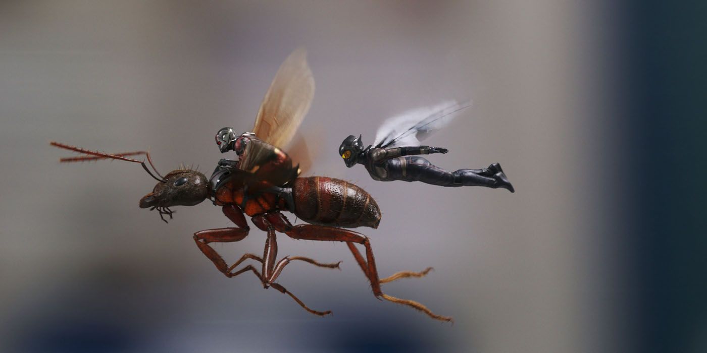 Hope flies in her suit alongside Scott riding an ant in Ant-Man and the Wasp