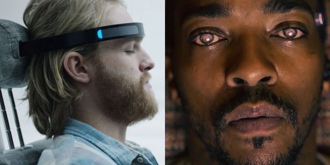 Anthony Mackie as Danny Parker playing a VR game and Wyatt Russell testing a new video game, both in Black Mirror