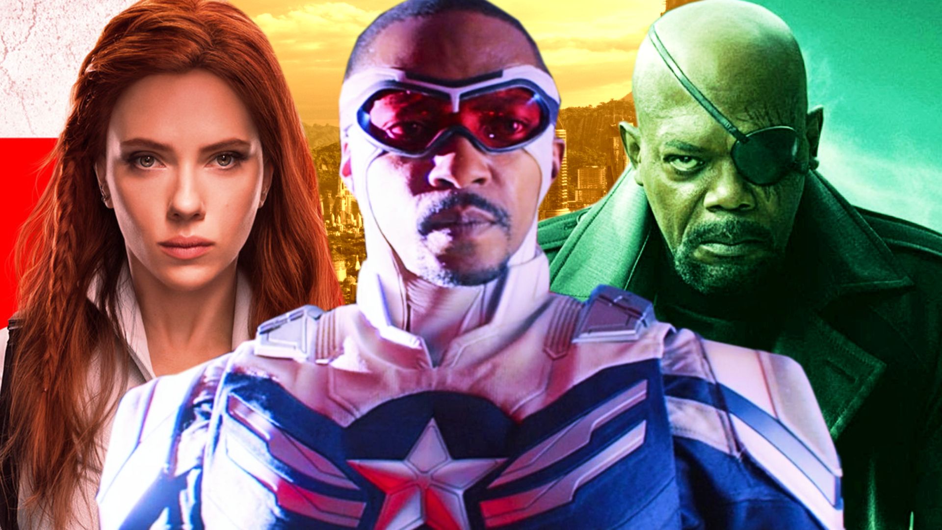 Anthony Mackie as Captain America, Scarlett Johansson as Black Widow, and Samuel L Jackson as Nick Fury YT