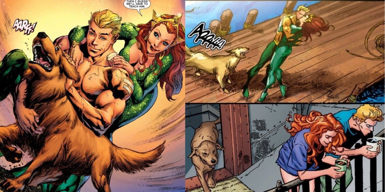 Split screen of Aquaman, Mera, and Salty DC Comics