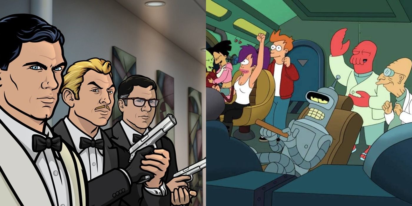 Archer characters in tuxes holding guns/Futurama cast