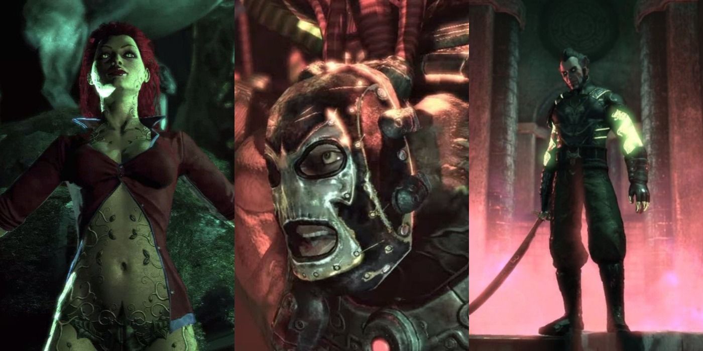 Split image of Poison Ivy, Bane, and Ras Al Ghul in the Batman Arkham games