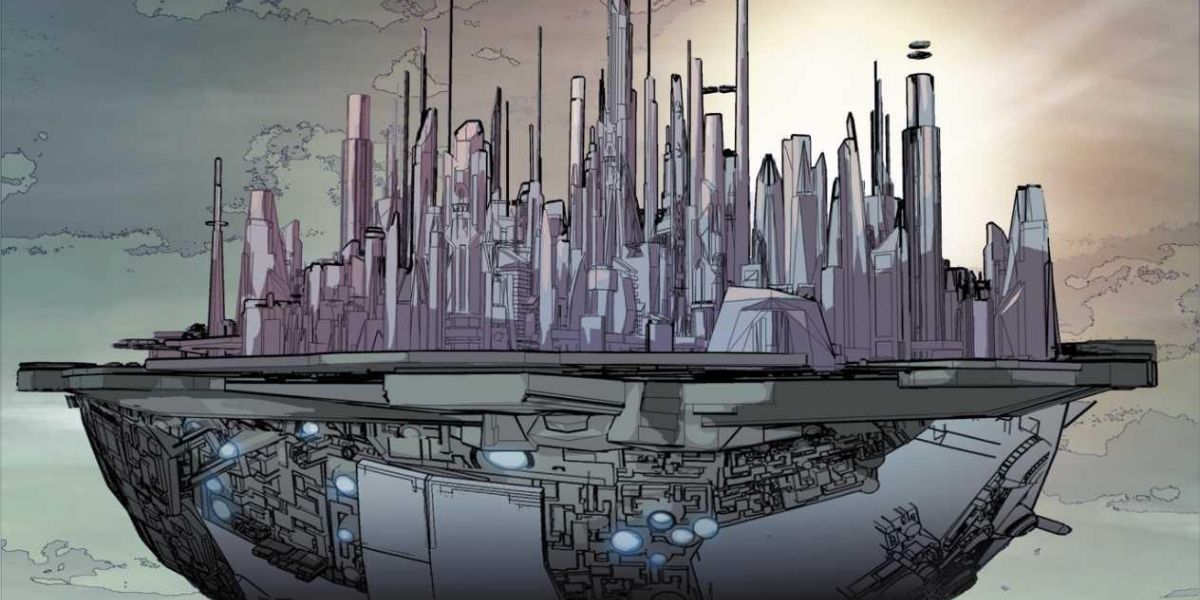 Inhuman cirty of Attilan floats over New York City in Marvel Comics.