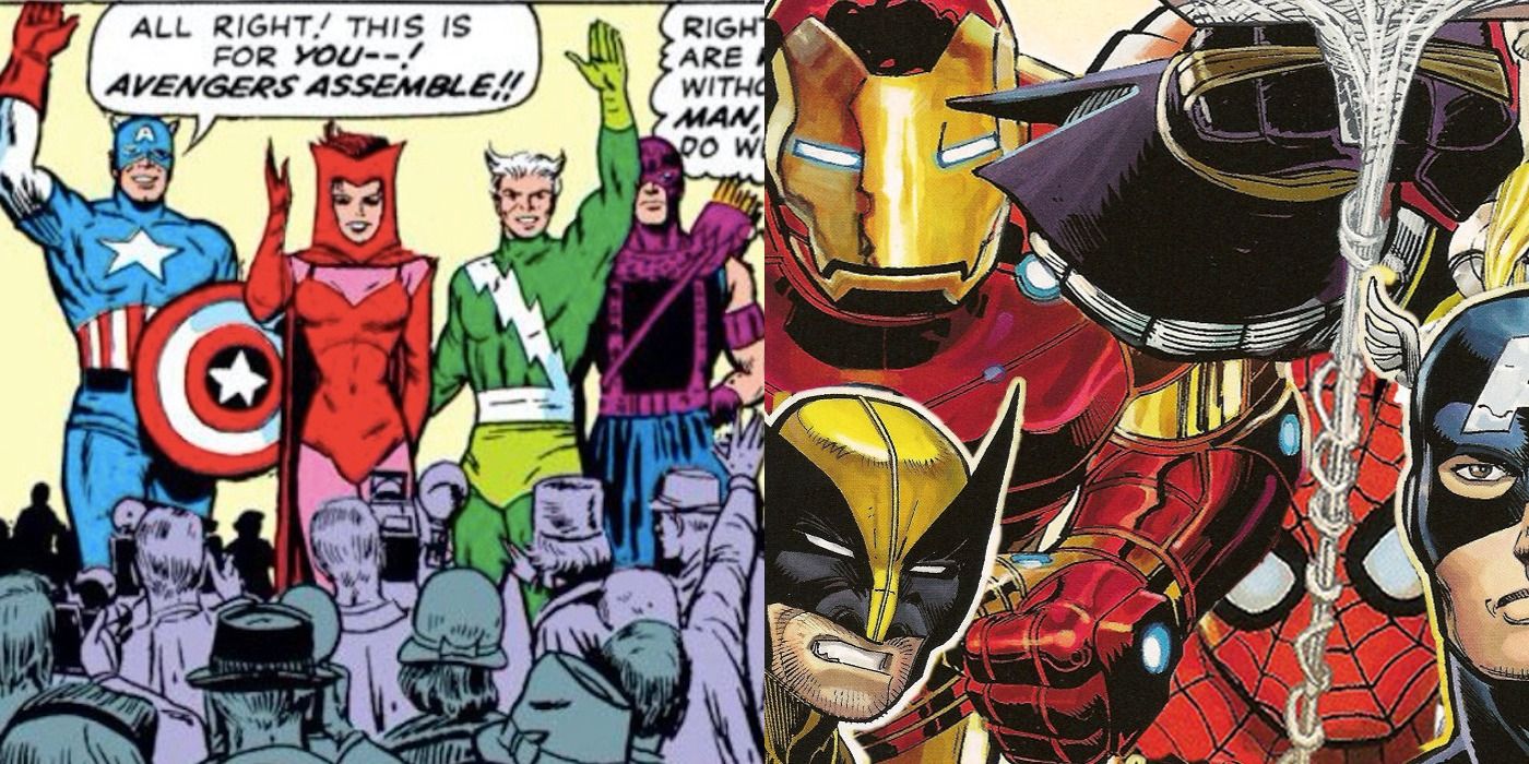 Split image of Captain Americas, Scarlet With, Hawkeye, and Quicksilver waving/Wolverine and Spider-Man as Avengers