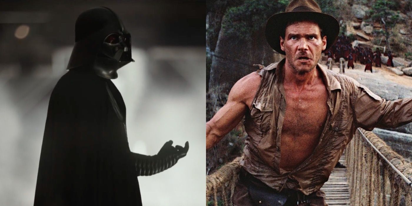 Split image of Darth Vader in Rogue One and Indiana Jones in The Temple of Doom