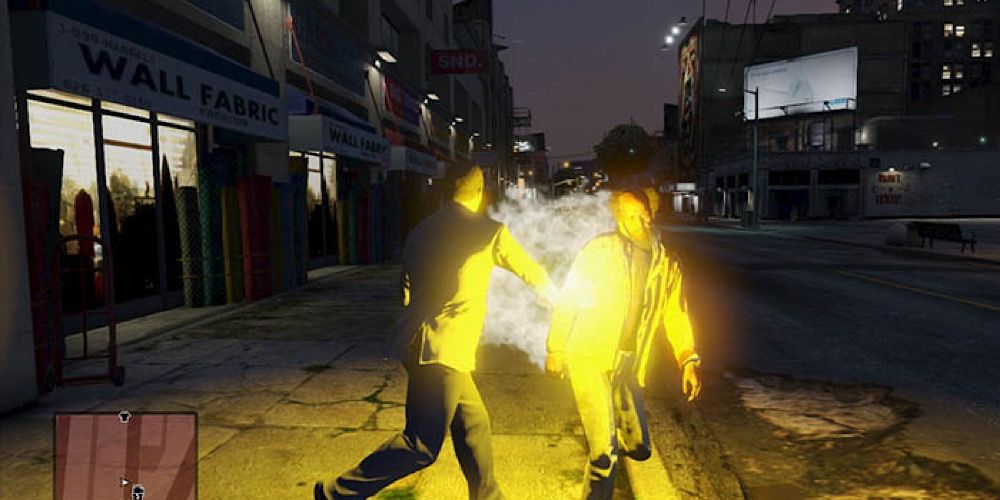 An exploding ignites between Michael and a civilian using Explosive Punches cheat