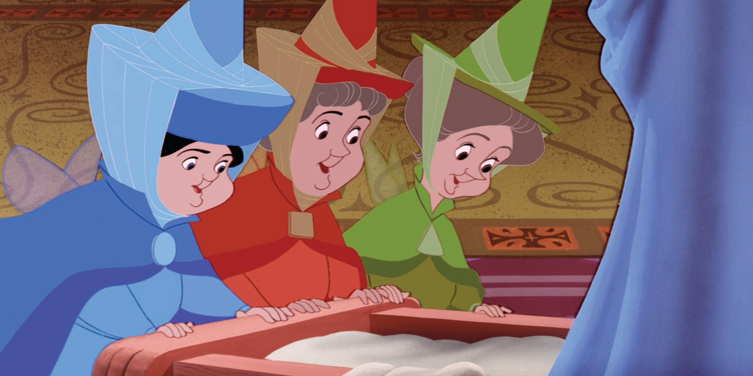 Merryweather, Flora and Fauna admiring a baby Aurora in Sleeping Beauty