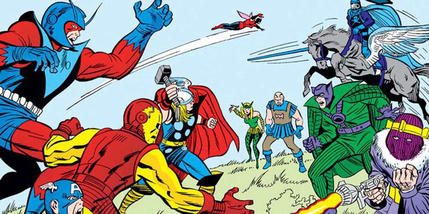 The Avengers battle Baron Zemo and The Masters Of Evil in panel from Marvel Comics.