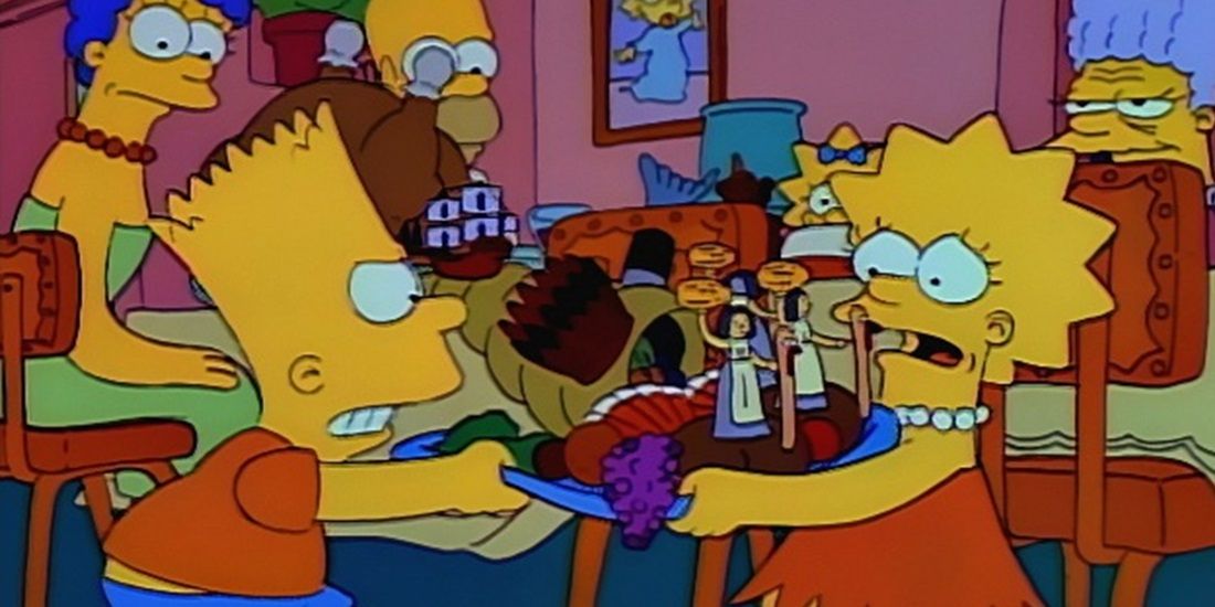Bart grabs Lisa's Thanksgiving centerpiece in The Simpsons