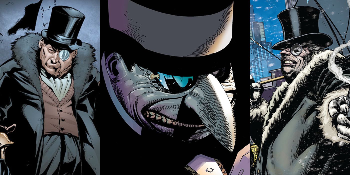 Three images of the comic book Penguin, who is wearing a furry coat