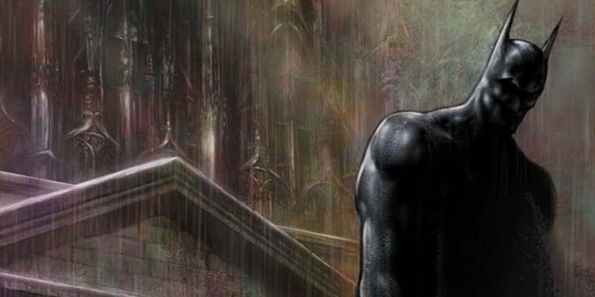 Liam Sharp's art for Batman: Reptilian with Batman obscured by shadows in the rain