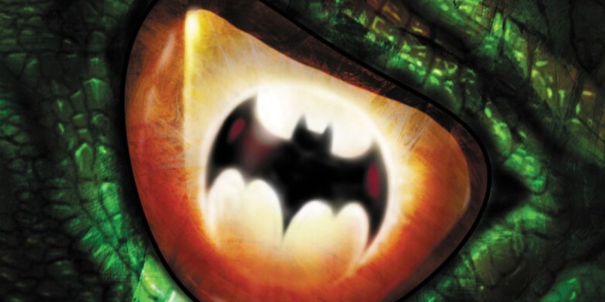 Cover for Batman: Reptilian of a lizard-like villain's eye with the bat symbol