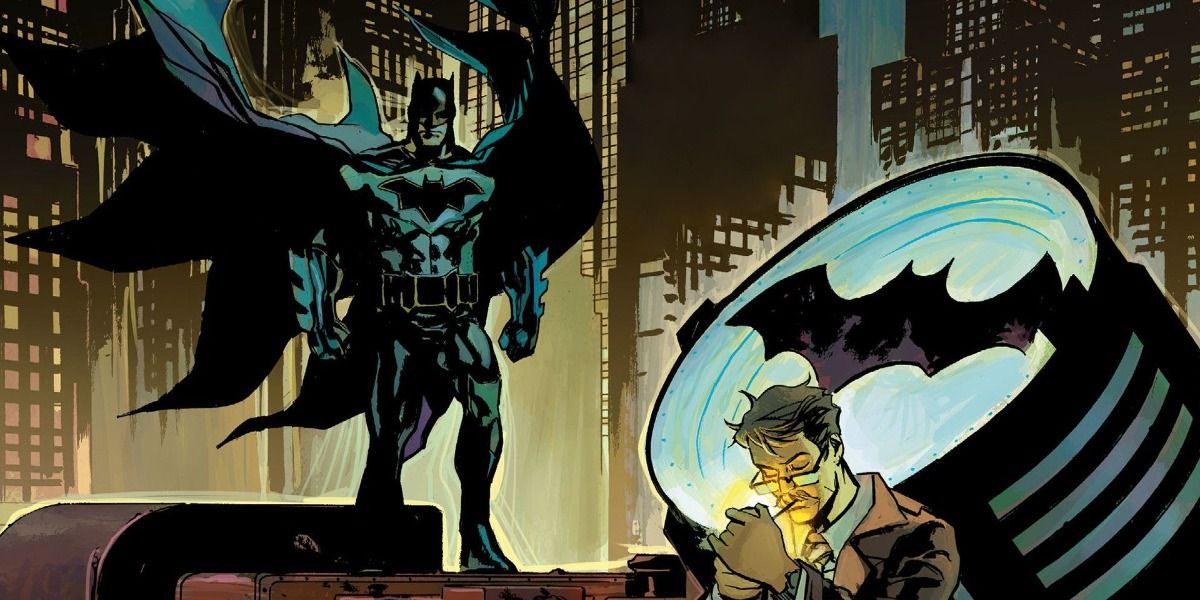 Batman and Jim Gordon on top of The GCPD Building.