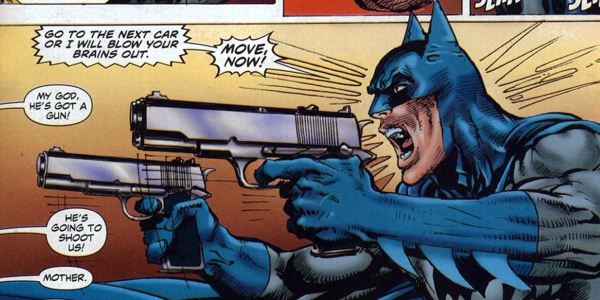 Batman aims guns at people offscreen.