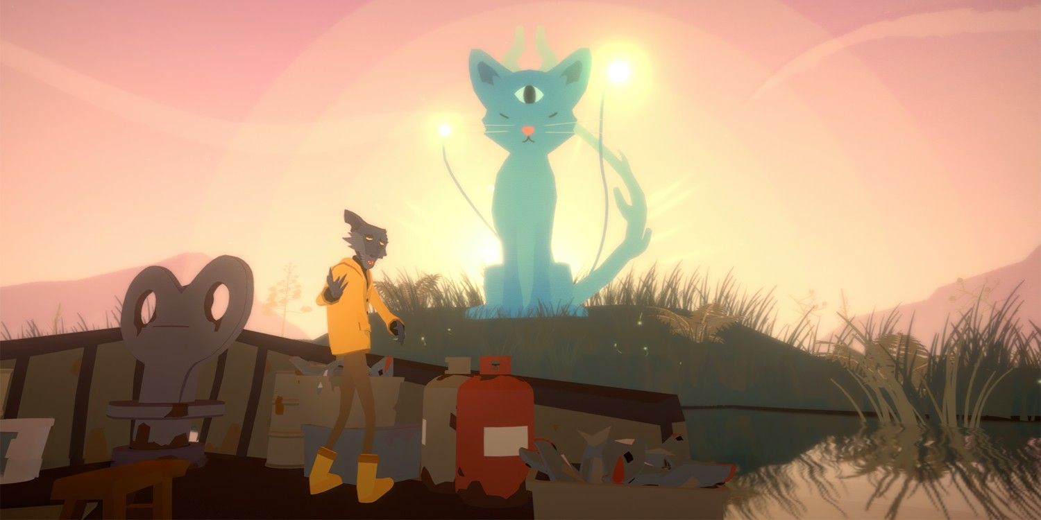 An image from Before Your Eyes with a one eyed cat sitting on a hill and a man on a ferry.
