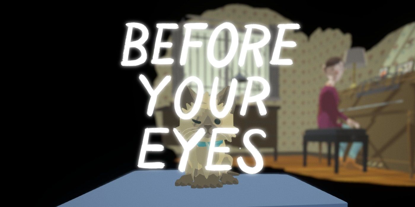 Cover art for Before Your Eyes showing a one-eyed cat and a person in front of a piano.