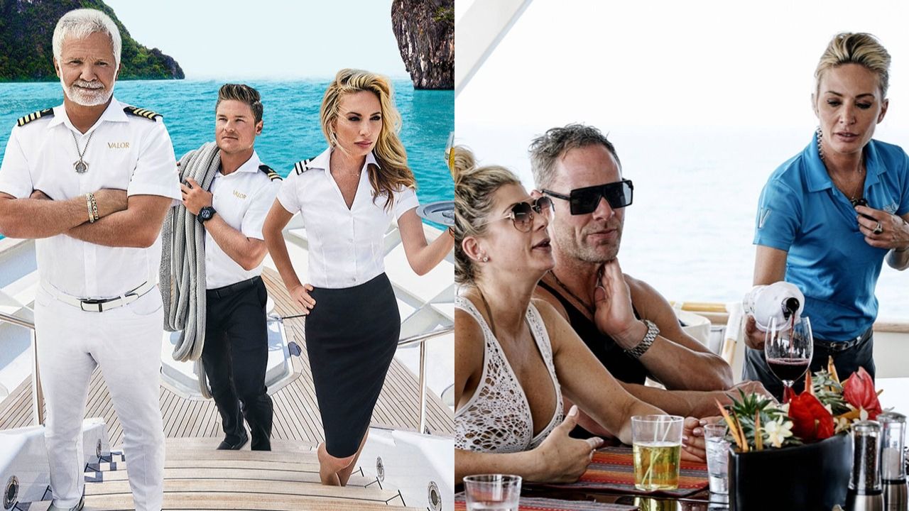 On Below Deck, the captain and two crew members; then a crew member services wine to two guests