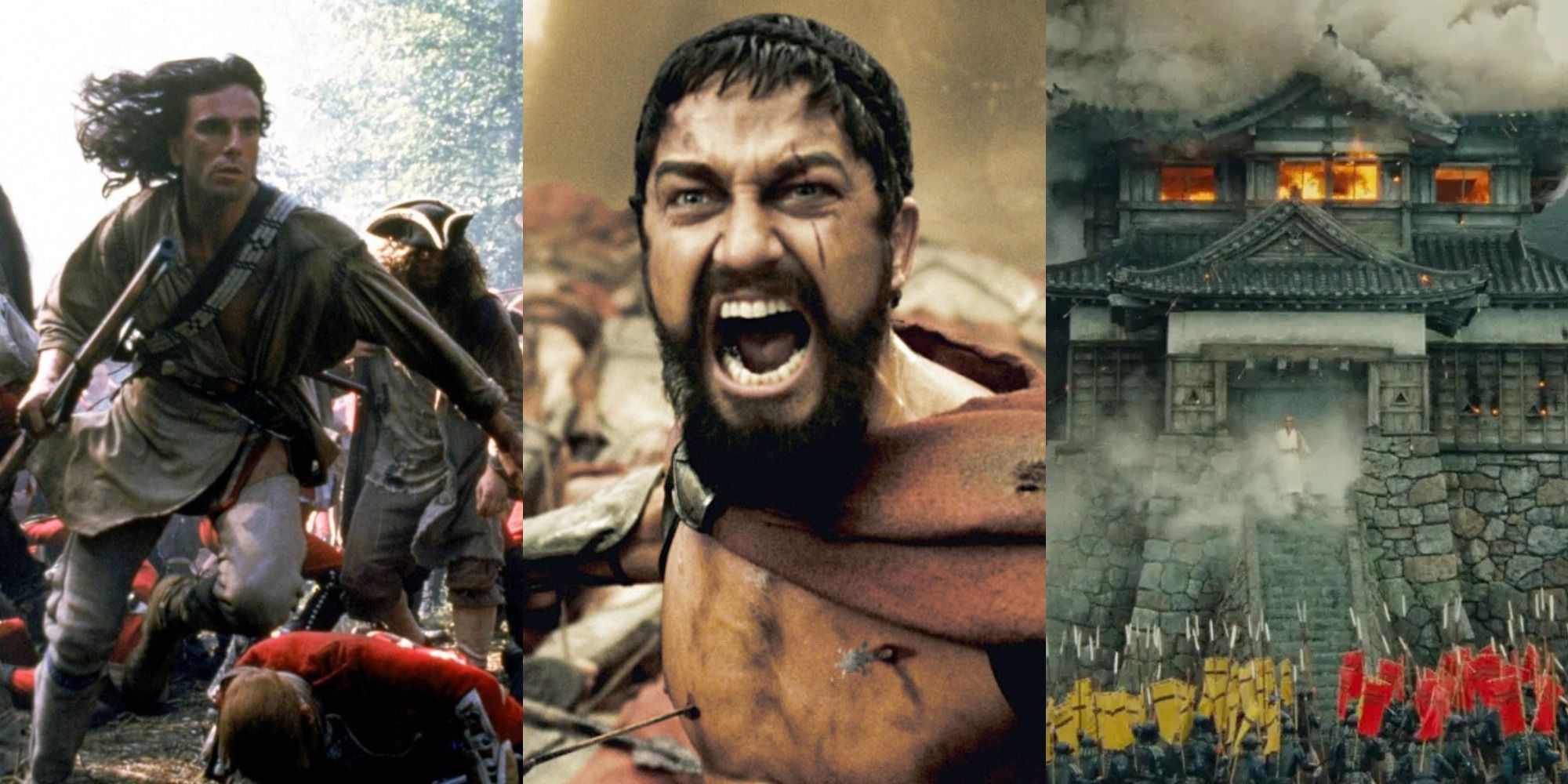 Split image of battles from The Last of the Mohicans, 300 and Ran