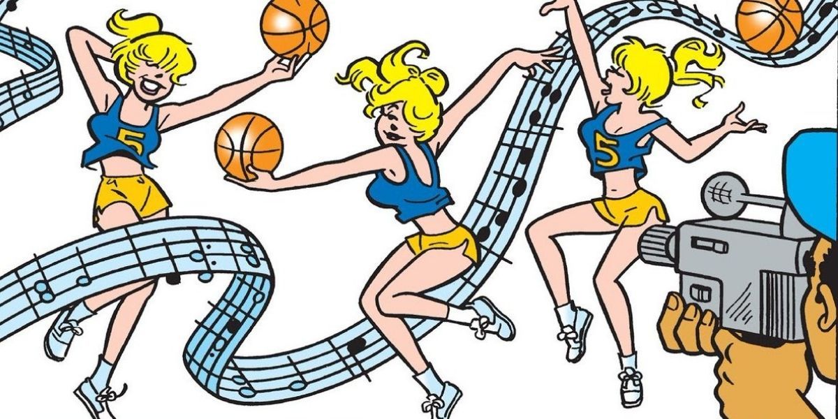 Betty playing basketball and dancing in the Archie comics