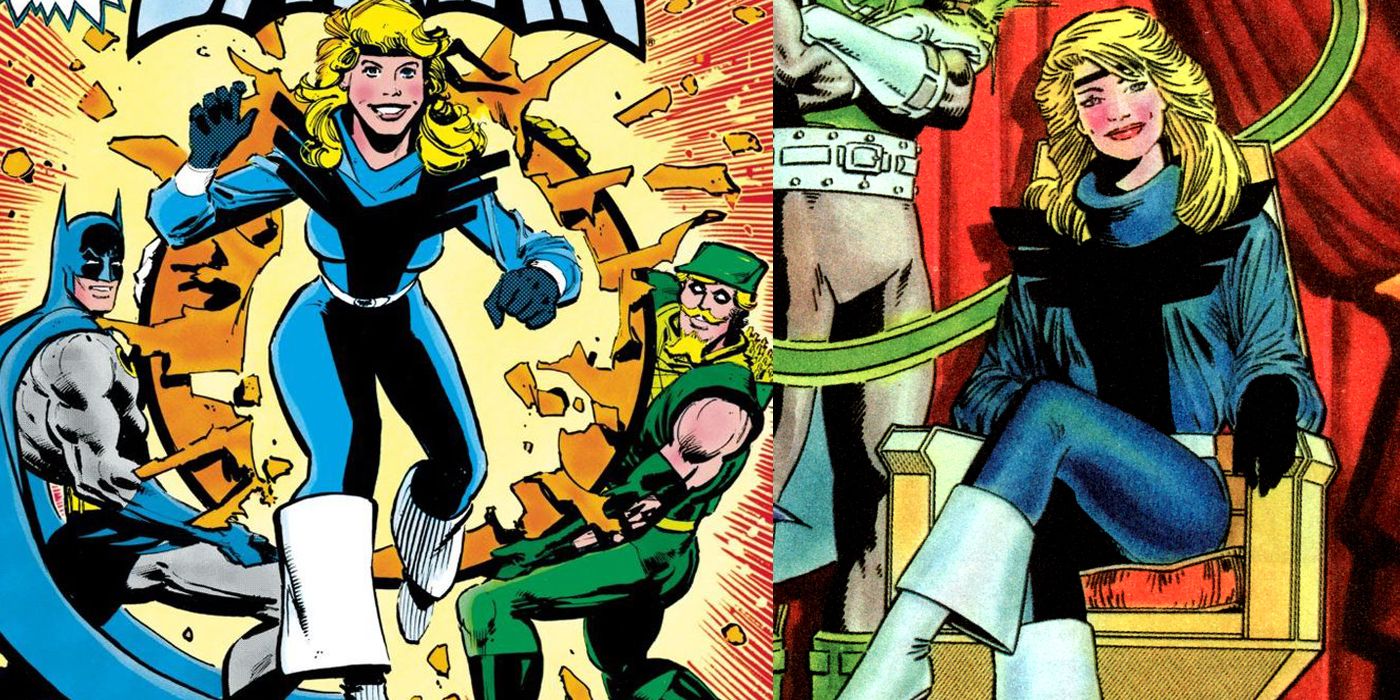 Split image of Black Canary wearing her blue 1980s costume in DC Comics.