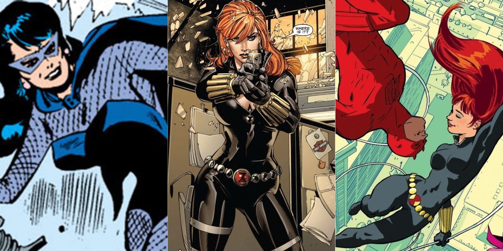 Black Widow in the 1960s, in modern day, and during her relationship with Daredevil
