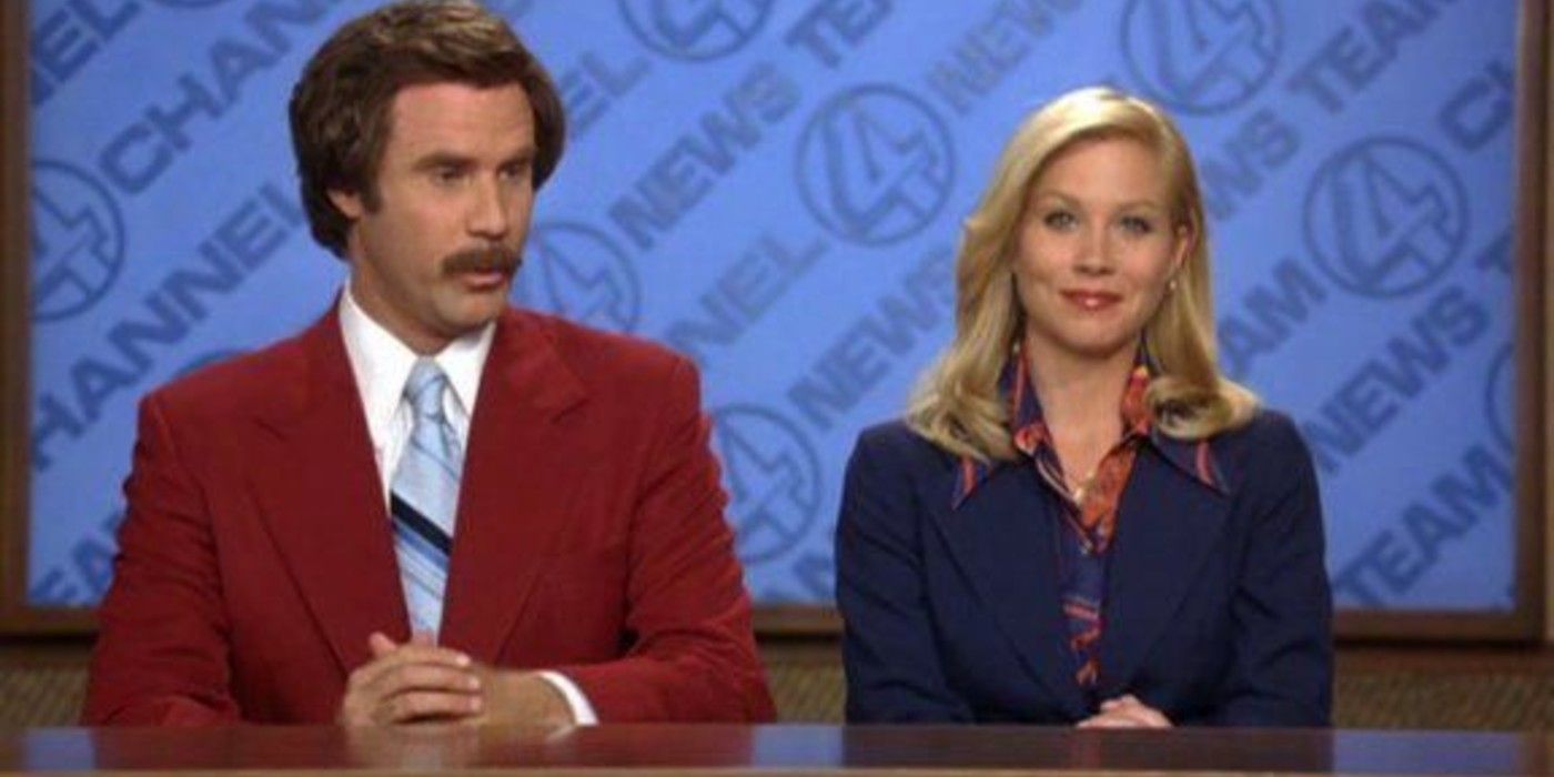 Veronica Corningstone in a suit with Ron Burdundy in Anchorman