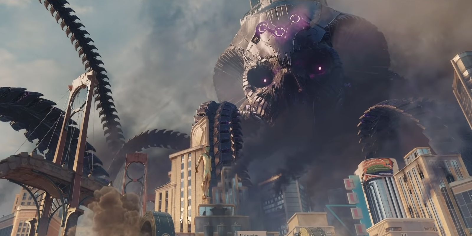Brainiac's Skull Ship invading Metropolis in Suicide Squad Kill The Justice League