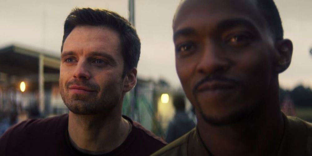 Bucky and Sam smile looking at the sunset