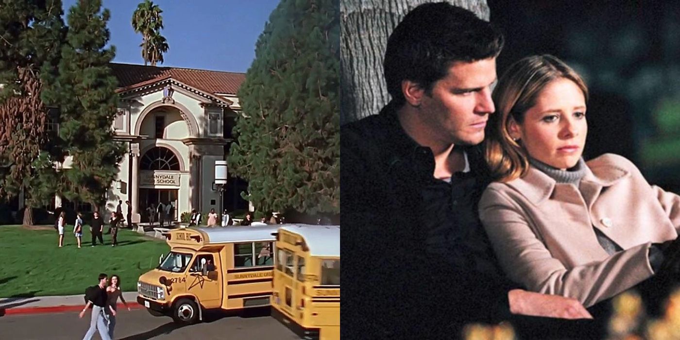 Sunnydale High and Buffy And Angel sitting in a cemetery Buffy the Vampire Slayer featured image