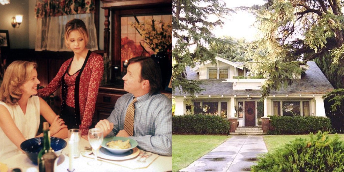 Joyce, Buffy and Ted at the dinner table in their house and exterior of Buffy's house on Buffy The Vampire Slayer