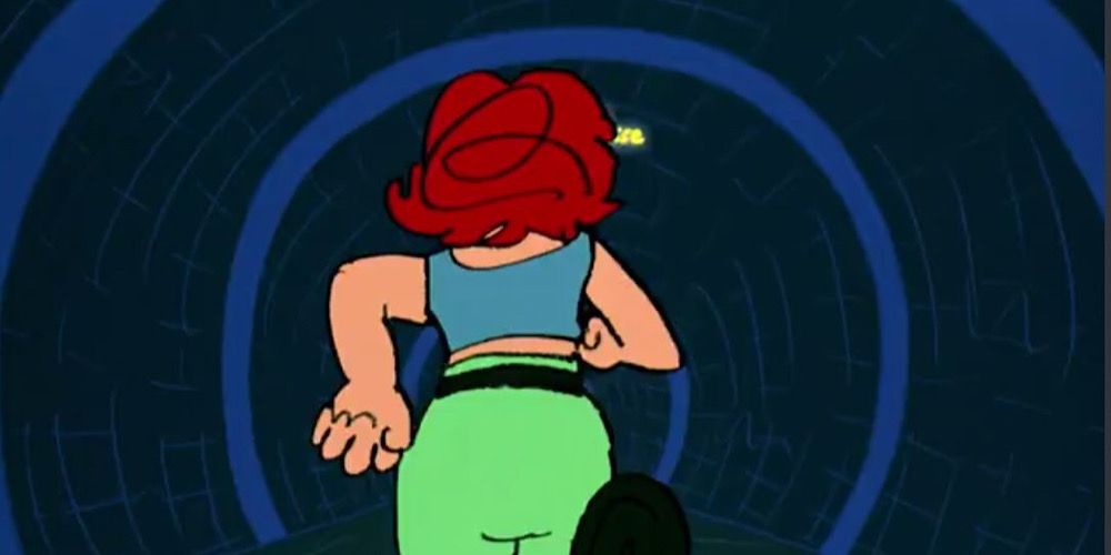 An animated version of Lola runs through a warped hallway in Run Lola Run’s opening credits