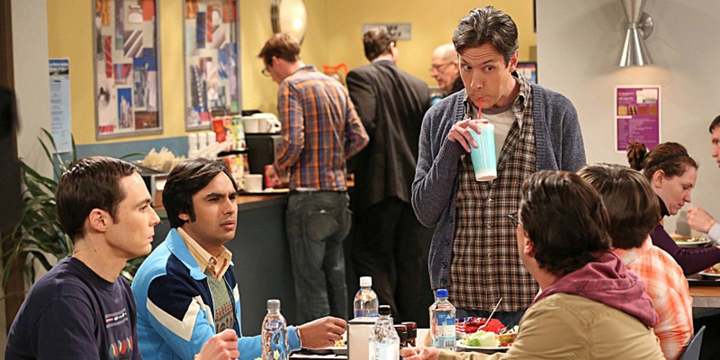 The group eating lunch on the Big Bang Theory