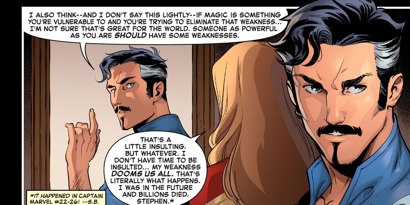 Stephen Strange tells Carol Danvers that it's good magic is her weakness in Captain Marvel comics