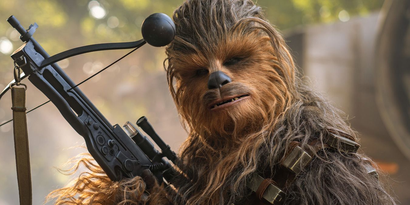 Chewbacca holding his crossbow beside the ship in Star Wars