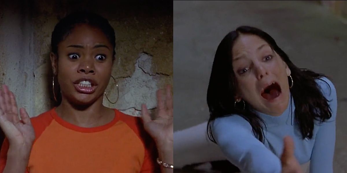 Brenda hiding and Cindy falls on the floor in Scary Movie 2