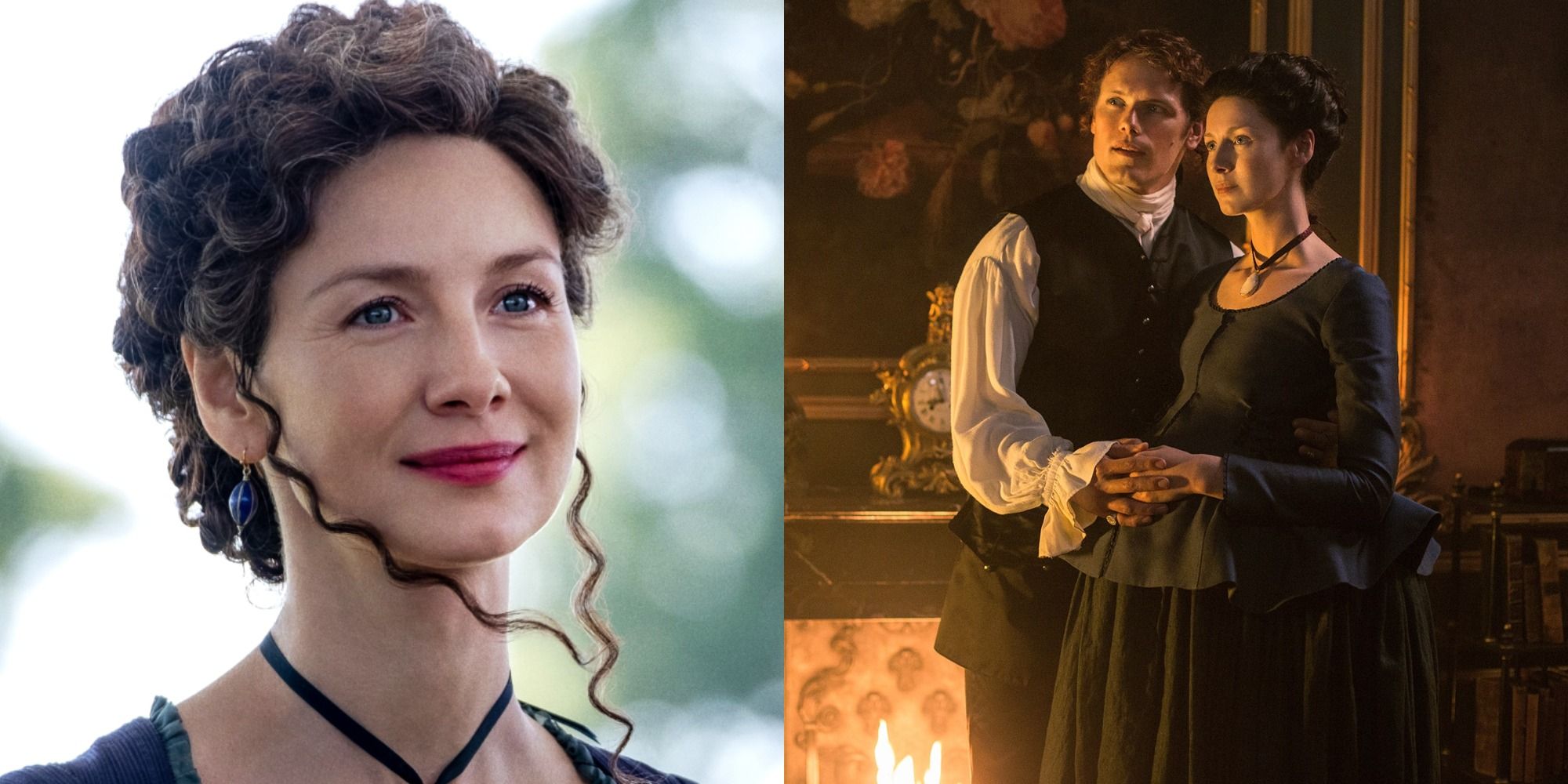 Claire in Outlander season 5 and in season 1