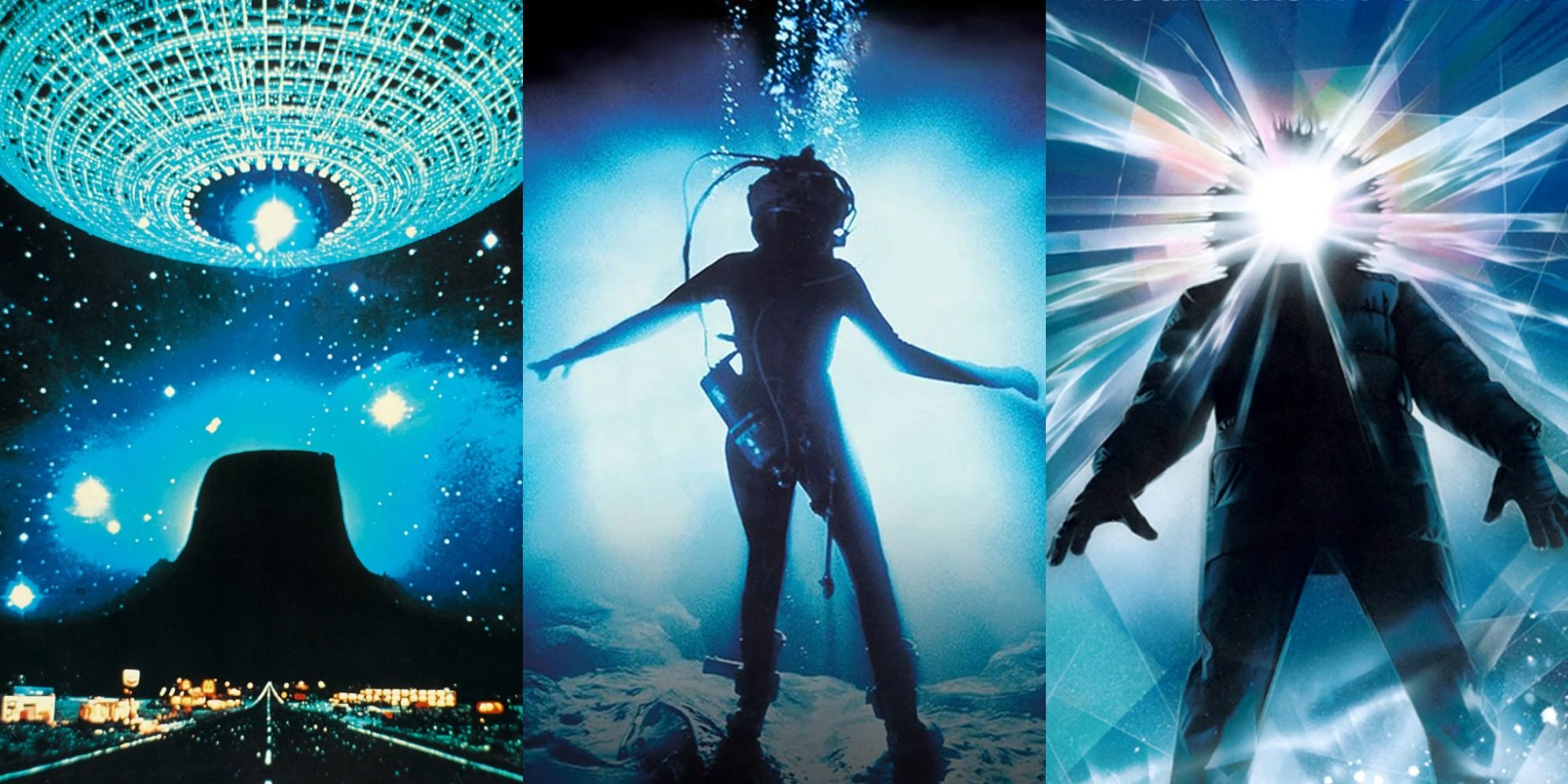 Collage of the posters for Close Encounters of the Third Kind, The Abyss and The Thing
