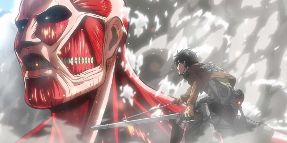 Eren fighting the Colossal Titan.