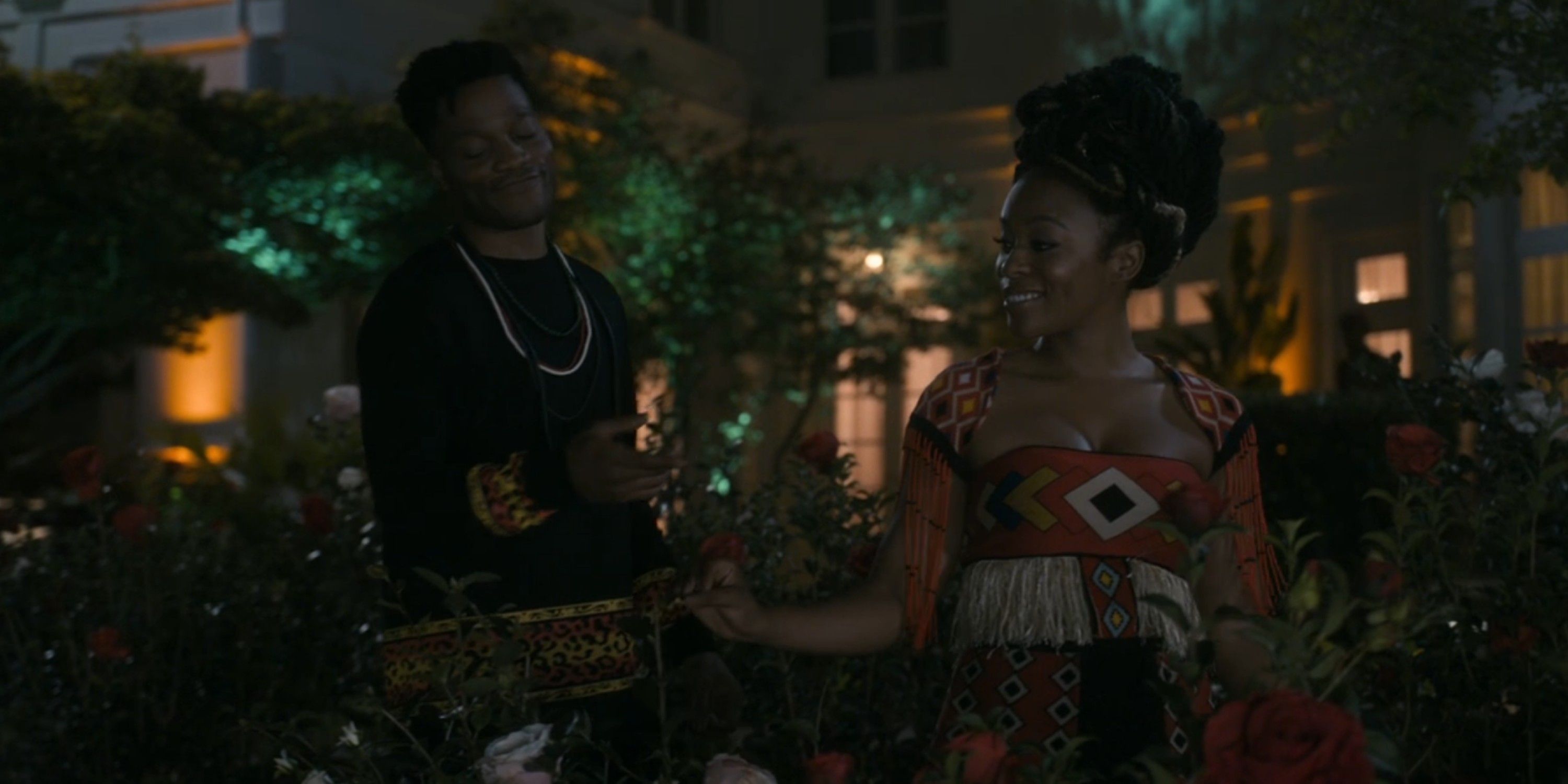 Jermaine Fowler as Lavelle Junson and Nomzamo Mbatha as Mirembe in Coming 2 America on Amazon Prime