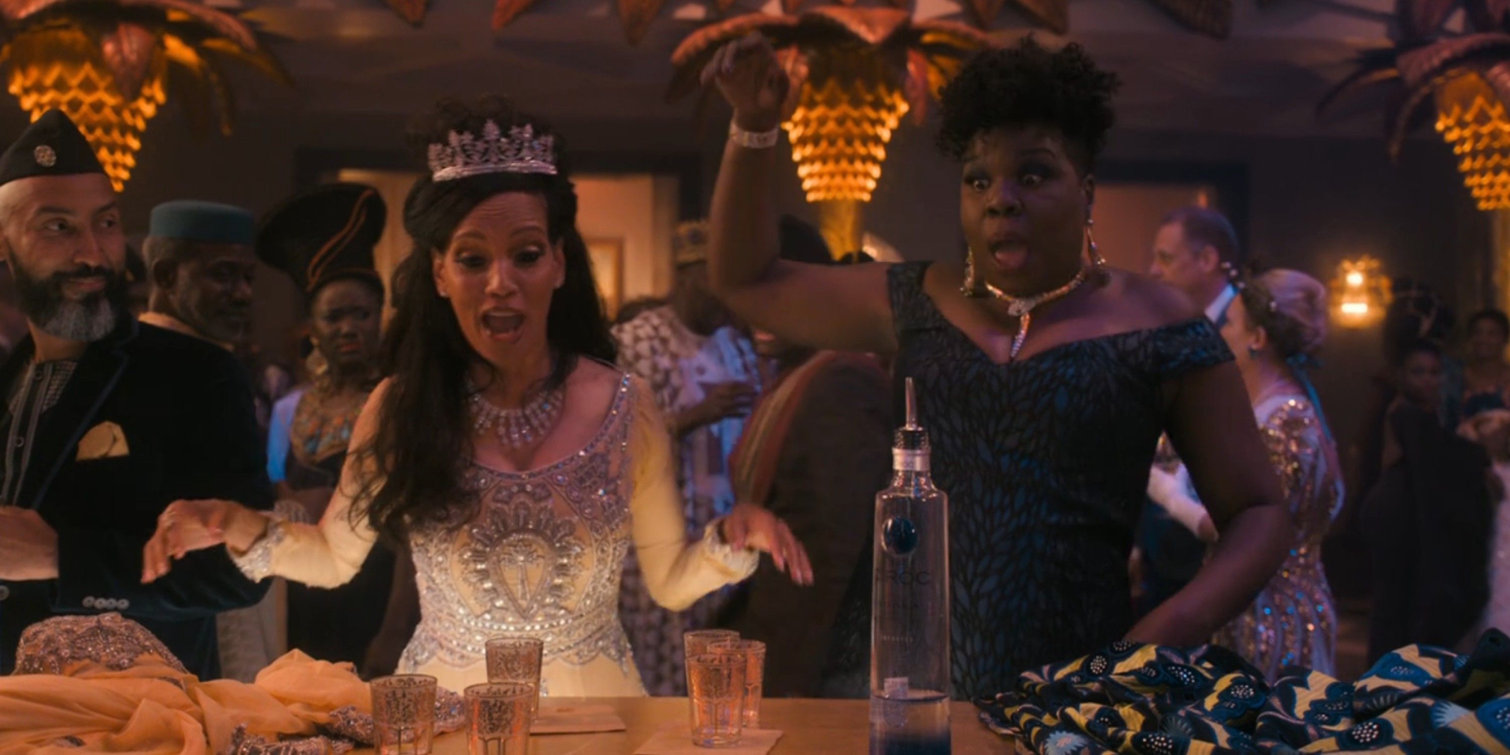 Shari Headley as Queen Lisa Joffer and Leslie Jones as Mary Junson in Coming 2 America on Amazon Prime