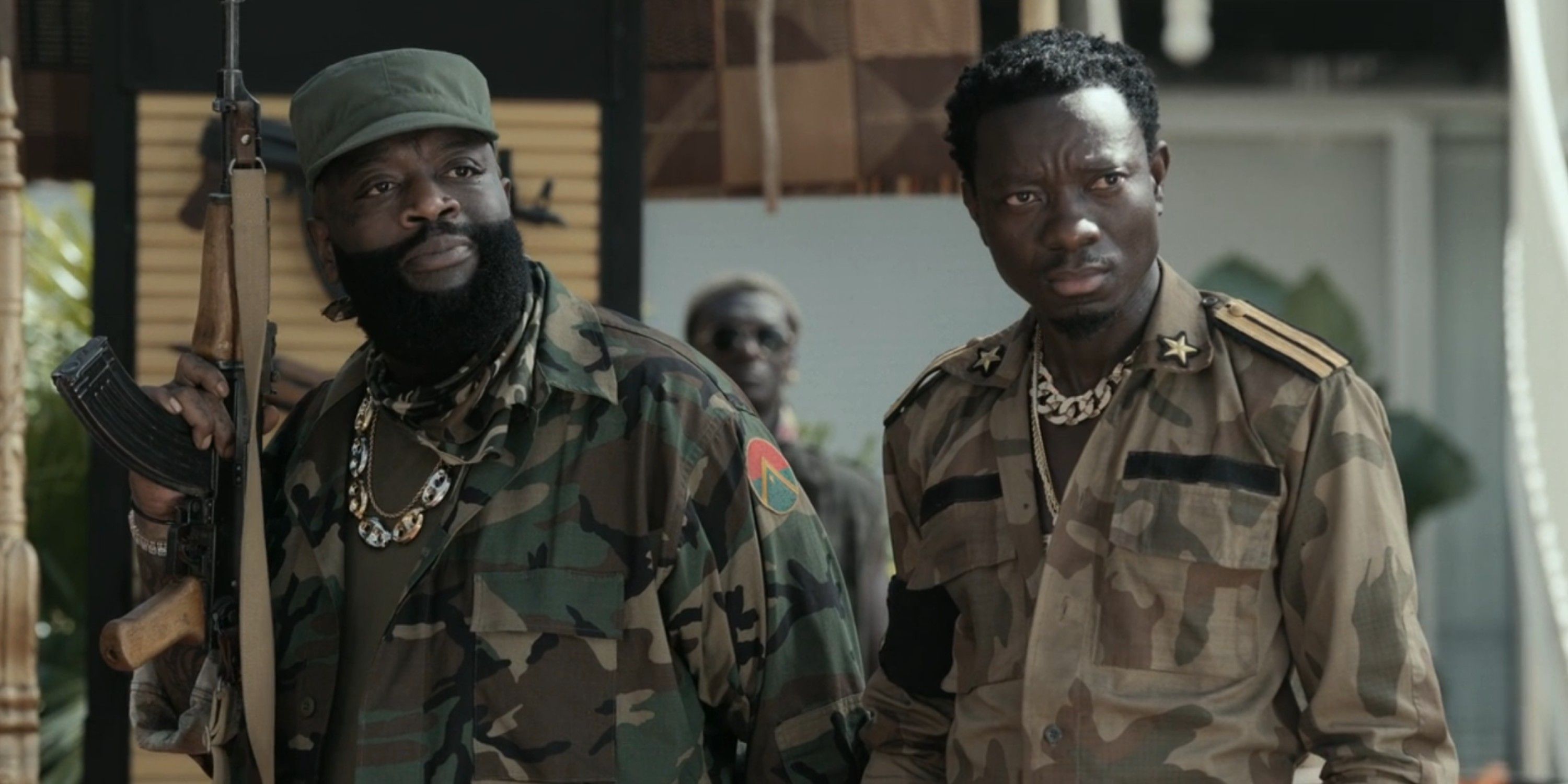 Rick Ross as General Izzi's Soldier and Michael Blackson as Izzi's Lieutenant in Coming 2 America on Amazon Prime