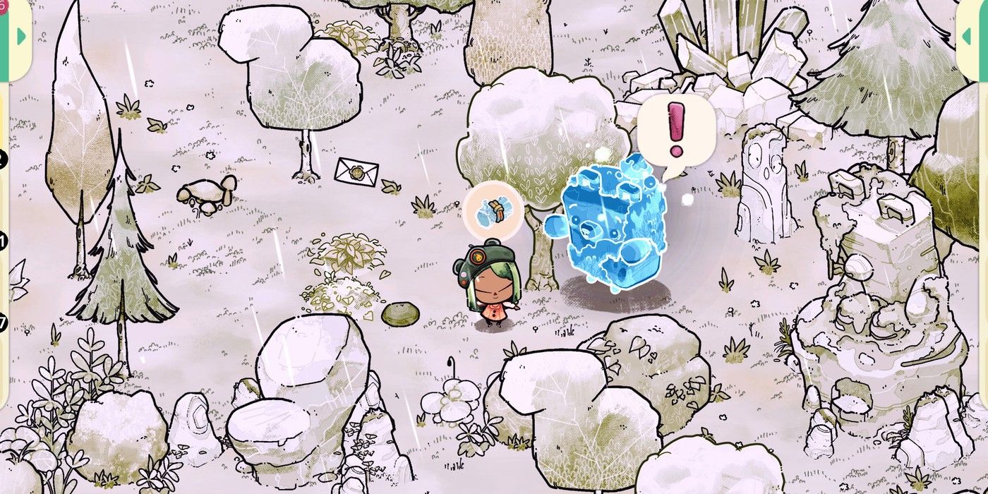 A Spirit Scout talks to a ghostly bear in Cozy Grove