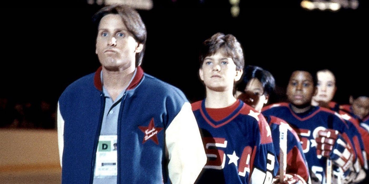 Gordon Bombay stands in a line with his team from D2: The Mighty Ducks 