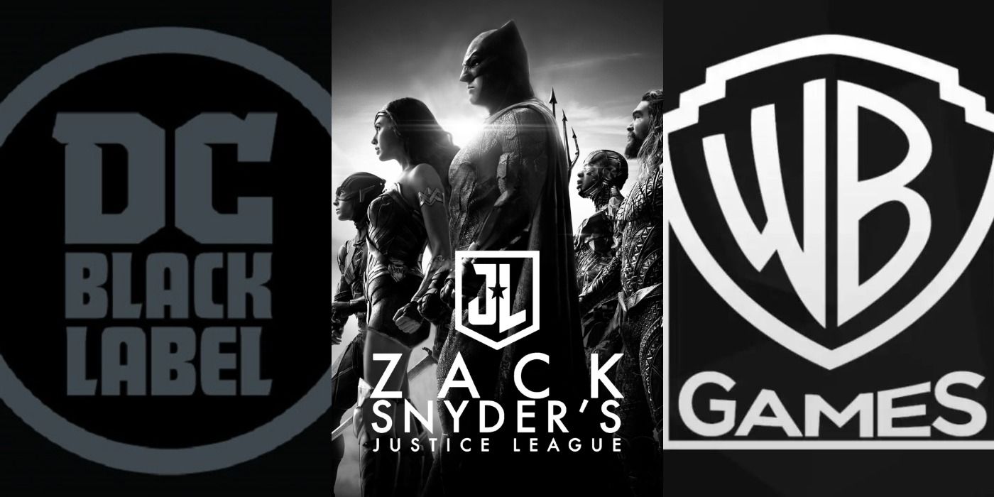 DC Black Label logo, poster for Zack Snyder's Justice League and WB Games logo