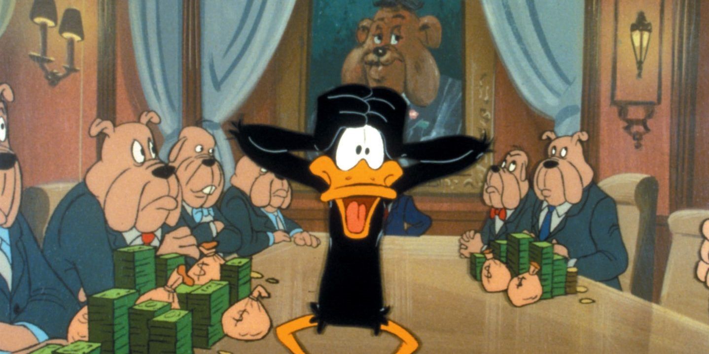 Daffy Duck on boardroom table, surrounded by bulldog businessmen in suits with lots of money