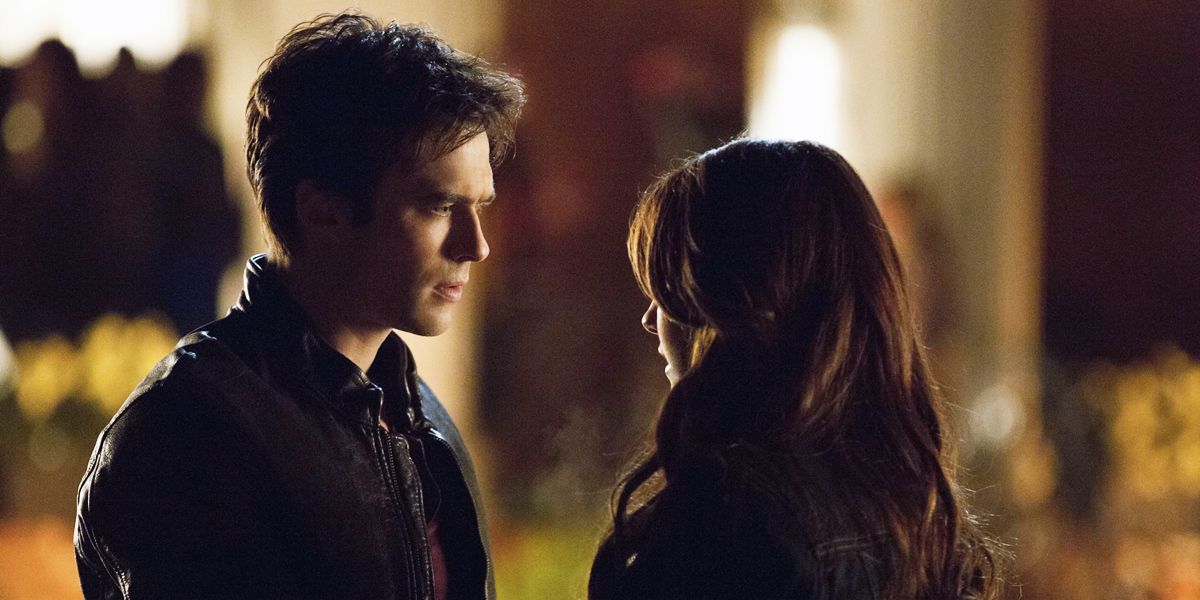 Katherine and Damon talk in The Vampire Diaries.