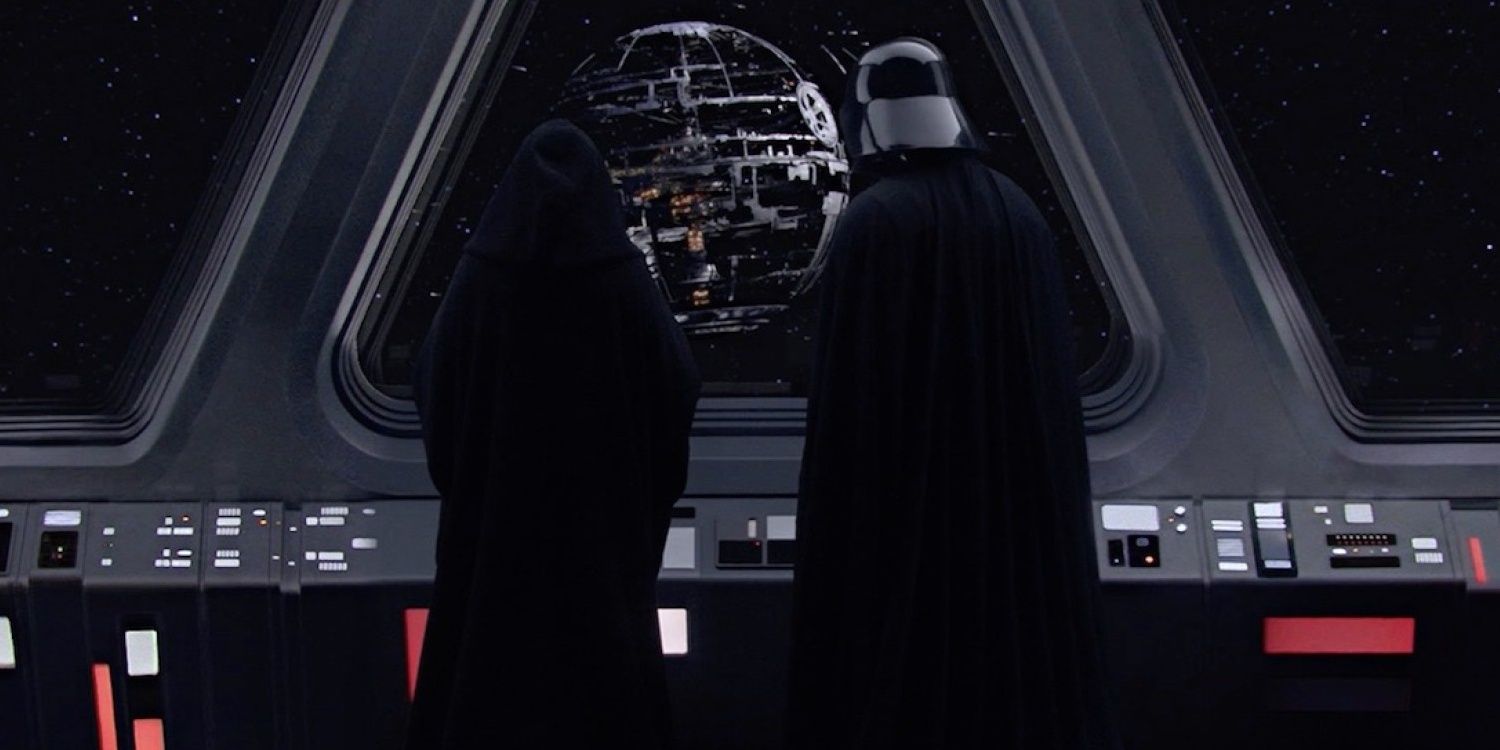 Darth Vader and Emperor Palpatine looking at the Death Star being built in Star Wars