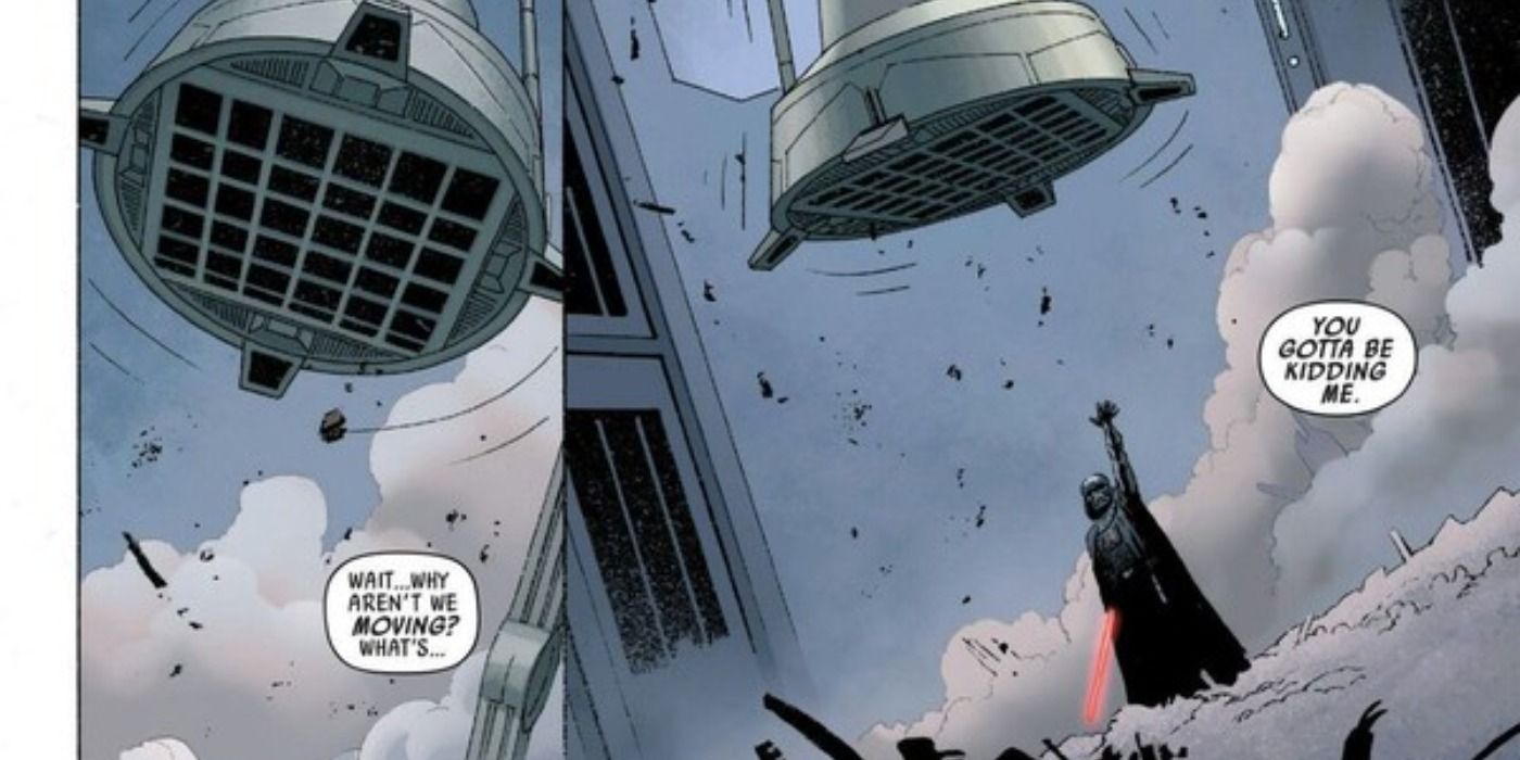 Darth Vader stops an AT-AT Imperial Walker from crushing him in Star Wars comic with Han Solo and Leia